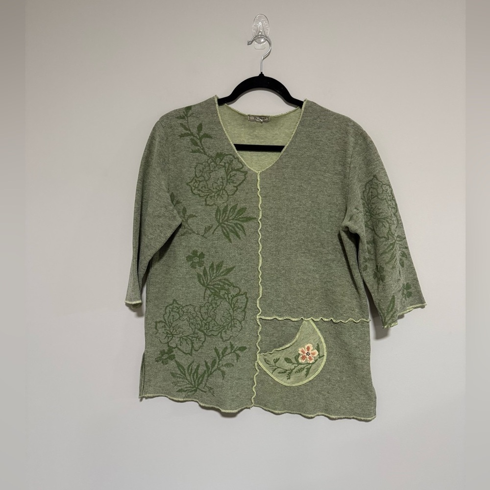 Vintage 90s Focus Green Painted Floral Knit Top Size Small Artsy Fairy Boho